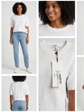 DKNY Crop Sweater Size Small Short Sleeves Knit Ribbed Trim White
